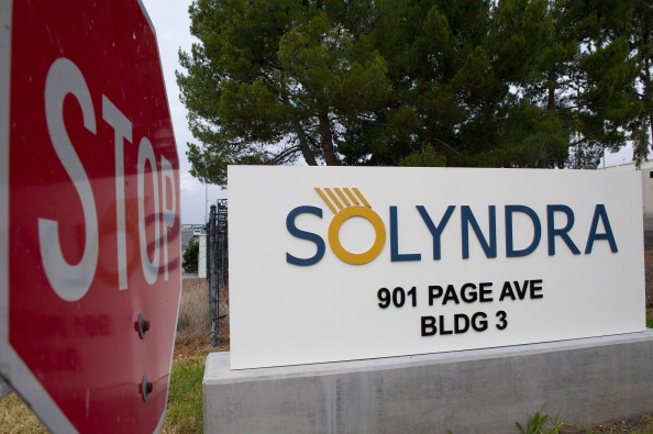 The Solyndra Inc. signage is displayed at the entrance to the headquarters in Fremont, California, U.S., on Monday, Dec. 12, 2011.(David Paul Morris/Bloomberg via Getty Images)