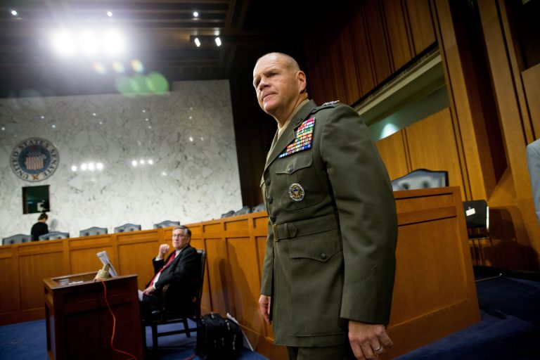 Lt. Gen. Robert Neller arrives to testify at his confirmation hearing before the Senate Armed Services Committee on Capitol Hill in Washington, Thursday, July 23, 2015, to become the 37th commandant of the Marine Corps. (AP Photo/Andrew Harnik)