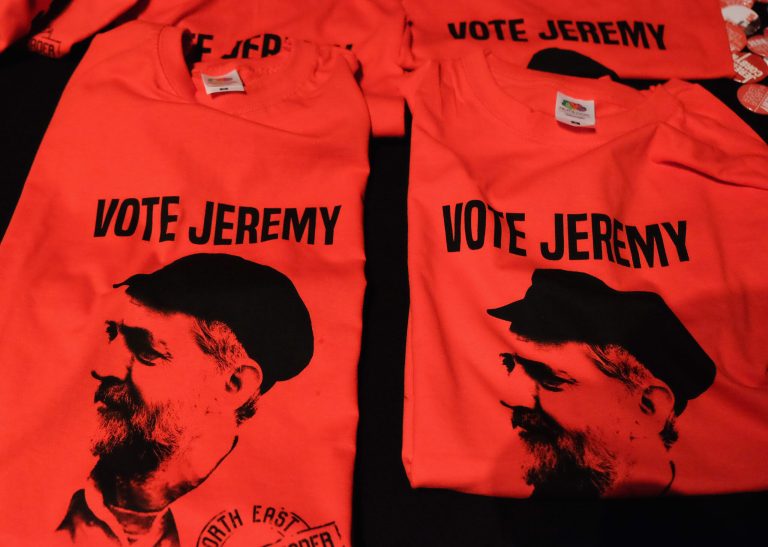 Memorabilia supporting British Labour Party leadership contender Jeremy Corbyn is offered for sale ahead of his arrival to address party supporters as part of a nationwide leadership campaign at the Town Hall on August 18, 2015 in Middlesbrough, England. (Photo by Ian Forsyth/Getty Images)