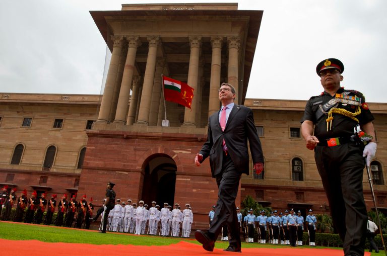 U.S. Defense Secretary Ashton Carter inspects a guard of honor during his ceremonial welcome in New Delhi, Wednesday, June 3, 2015. (AP Photo/ Saurabh Das)