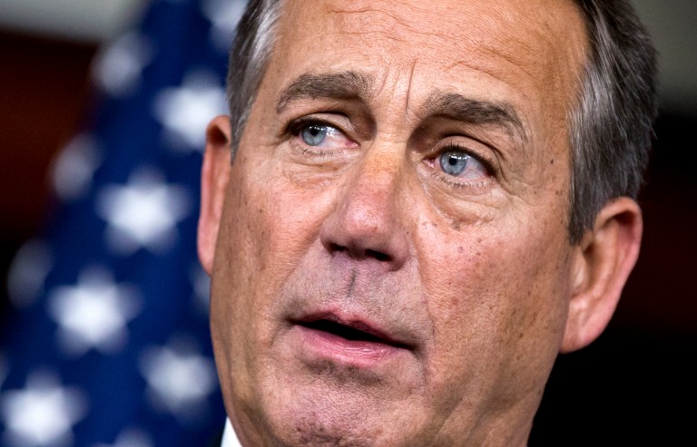   House Speaker John Boehner of Ohio accuses President Barack Obama of not being serious about cutting government spending, Thursday, Dec. 13, 2012, during a news conference on Capitol Hill in Washington. Boehner is insisting that Obama wants far more in tax increases than spending reductions and appears willing to walk the economy 