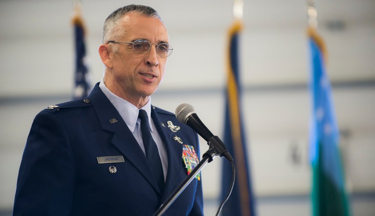 U.S. Air Force Colonel Thomas W. Jackman, Jr. accepts command of the 158th Fighter Wing at the change of command ceremony on Jan. 4, 2014, at the 158th Fighter Wing, Burlington International Airport, South Burlington, Vt. Col Jackman follows Col David P. Baczewski as the commander and will be the 16th Commander of the 158th Fighter Wing. 