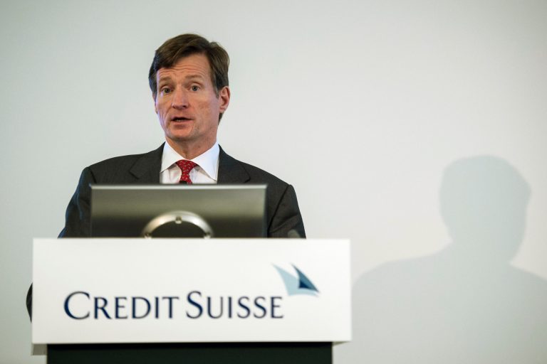 Brady W. Dougan, CEO of Swiss Bank Credit Suisse (CS), speaks during a press conference of the Credit Suisse in Zurich, Switzerland, Tuesday, July 22, 2014. (KEYSTONE/Ennio Leanza)