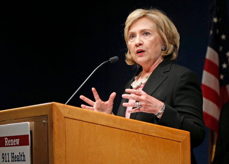 Former Secretary of State Hillary Clinton speaks during a a fundraiser in Lower Manhattan benefiting two union-backed Sept. 11 victims' advocacy groups, in New York, Tuesday, Sept. 16, 2014. (AP Photo/Kathy Willens)