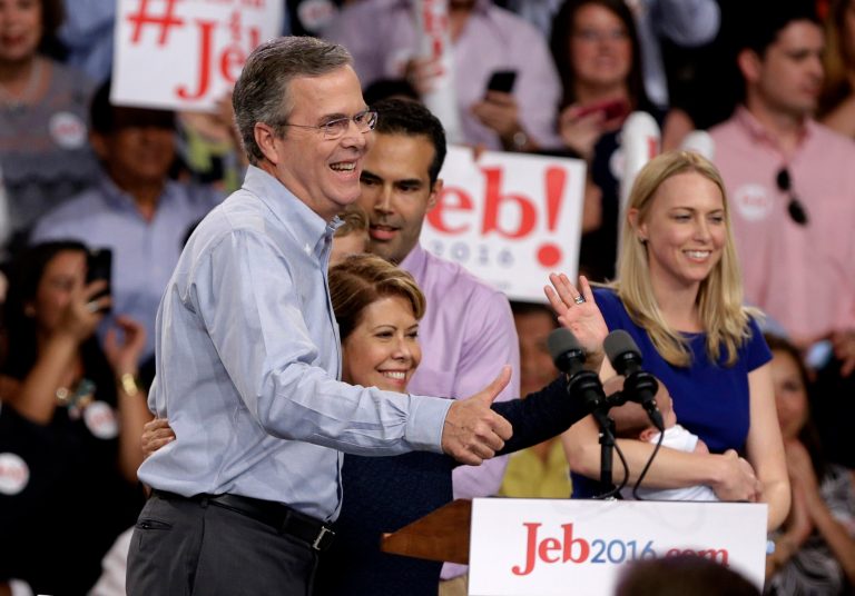 Former Florida Gov. Jeb Bush with his wife Columba, center, and other family members, gives a thumbs-up after announcing his bid for the Republican presidential nomination, Monday, June 15, 2015, at Miami Dade College in Miami. (AP Photo/Lynne Sladky)