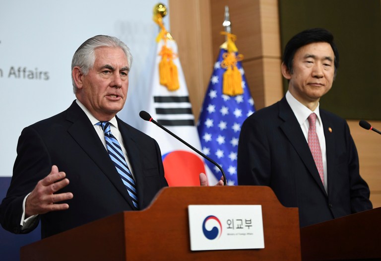Secretary of State Rex Tillerson, left, speaks as South Korean Foreign Minister Yun Byung-se looks on in Seoul. Tillerson visited the world's most heavily armed border, greeting U.S. soldiers on guard near the tense buffer zone between rivals North and South Korea. (Jung Yeon-Je/Pool Photo via AP)
