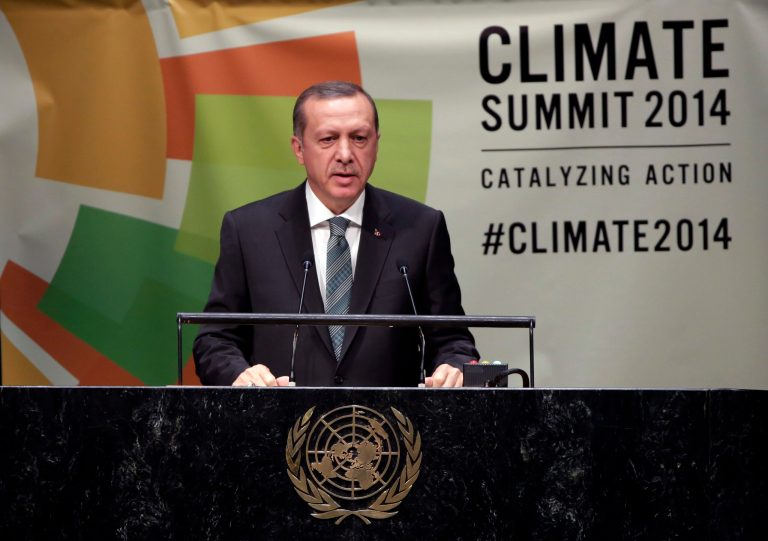 President Recep Tayyip Erdogan, of Turkey, addresses the United Nations Climate Summit, at U.N. headquarters, Tuesday, Sept. 23, 2014. (AP Photo/Richard Drew)