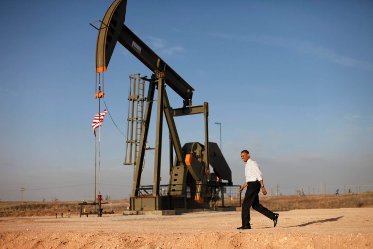 With oil pump jacks as a backdrop, President Obama speaks at an oil and gas field on federal lands in Maljamar, N.M., in March 2012. (AP Photo/Ross D. Franklin)