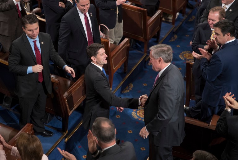 Freedom Caucus leader Rep. Mark Meadows (right) wants Obamacare repeal legislation passed immediately. House Speaker Ryan (left) says he wants to get Obamacare legislation done by the end of the year. (AP Photo/J. Scott Applewhite)