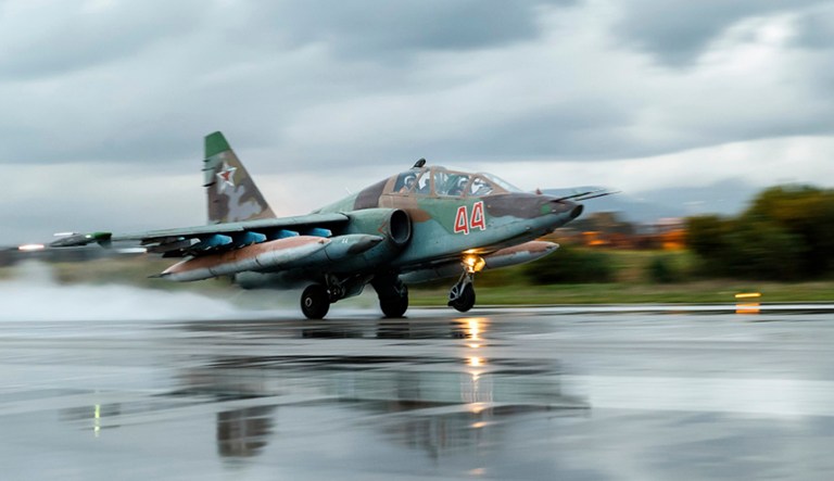 In this file photo provided by the Russian Defense Ministry Press Service on March 16, 2016, a Russian Su-25 ground attack jet takes off at Hemeimeem Air Base in Syria. The Russian Defense Ministry said on Saturday that an Su-25 jet was shot down in Syria by Jabhat al-Nusra, an affiliate of al Qaeda operating in the area. (Russian Defense Ministry Press Service via AP)