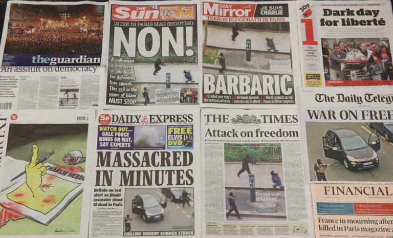 British newspapers display headlines connected to the killing of journalists and police in Paris on January 8, 2015 in London, United Kingdom. (Photo by Peter Macdiarmid/Getty images)