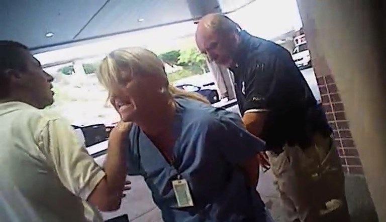 Body-camera footage showed nurse Alex Wubbels being dragged outside the University of Utah Hospital in Salt Lake City after she requested Payne show a warrant or a formal consent to draw blood from a patient. (Salt Lake City Police Department/Courtesy of Karra Porter via AP, File)