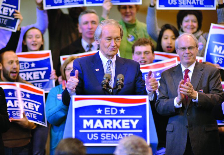 Rep. Ed Markey, D-Mass., gestures to supporters during the kickoff to the start of his campaign for Senate in Malden, Mass., Saturday, Feb. 2, 2013. Markey is running to replace the seat left empty by the nomination of Sen. John Kerry to be Secretary of State. (AP Photo/Josh Reynolds)