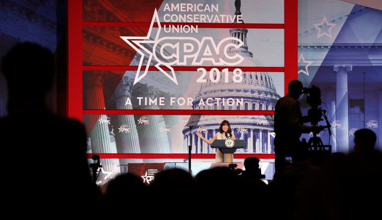 Karen Pence introduced her husband, Vice President Mike Pence, to the audience at the Conservative Political Action Conference just outside of Washington, D.C., on Thursday. (AP Photo/Jacquelyn Martin)