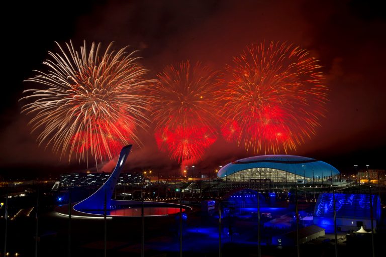 Fireworks explode over Olympic Park during the closing ceremony for the 2014 Winter Olympics, Sunday, Feb. 23, 2014, in Sochi, Russia. (AP Photo/Matt Slocum)