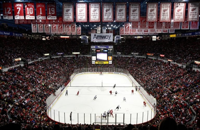 FILE - In this Feb. 14, 2012 file photo The Detroit Red Wings play the Dallas Stars in an NHL hockey game at Joe Louis Arena in Detroit. In a deal disclosed Thursday, Oct. 16, 2014, Detroit has agreed to demolish Joe Louis Arena, the home of the Detroit Red Wings, and give the land to a creditor as part of a major settlement in the city's bankruptcy case. The Red Wings already are planning to move to a new arena. (AP Photo/Paul Sancya, File)