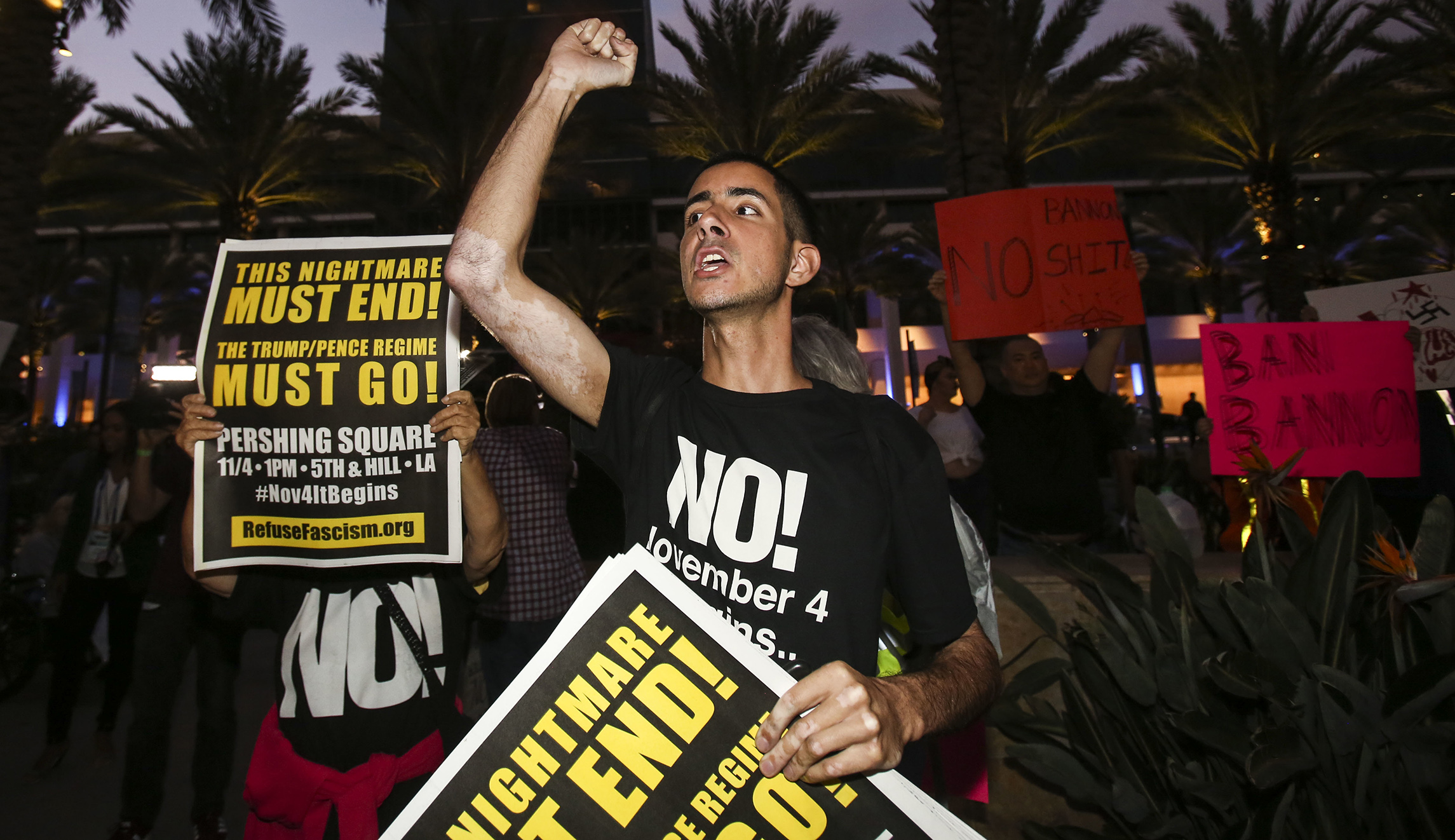 Protesters gather outside prior to Steve Bannon’s speech at California GOP convention