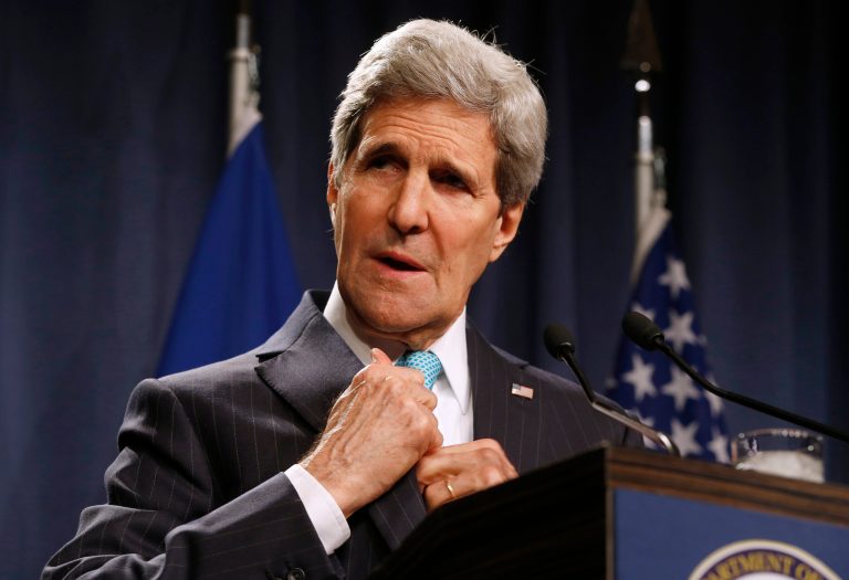 Secretary of State John Kerry speaks to the media after attending a quadrilateral meeting between representatives of the US, Ukraine, Russia and the European Union about the ongoing situation in Ukraine, Thursday, April 17, 2014, in Geneva. Top diplomats from the US, European Union, Russia and Ukraine reached agreement after marathon talks Thursday on immediate steps to ease the crisis in Ukraine. (AP Photo/Jim Bourg, Pool)