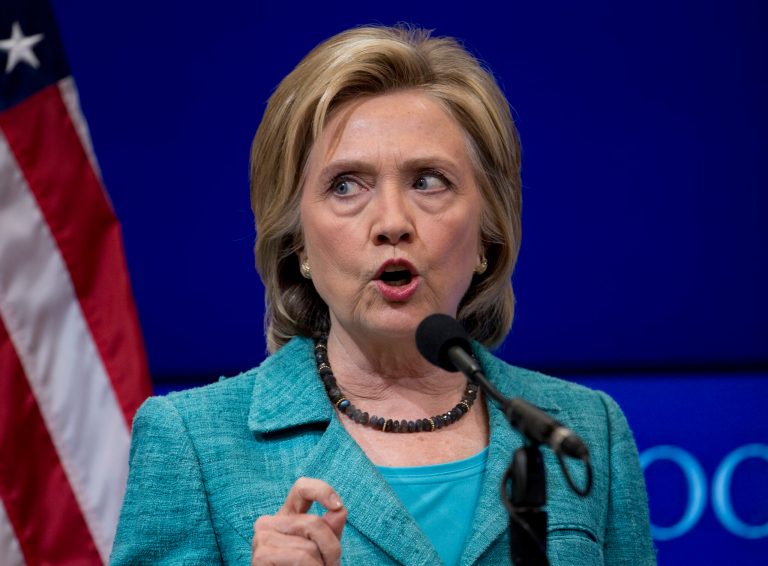 Democratic presidential candidate Hillary Rodham Clinton speaks at the Brookings Institution in Washington, Wednesday, Sept. 9, 2015, about the Iran nuclear agreement and other topics. (AP Photo/Carolyn Kaster)