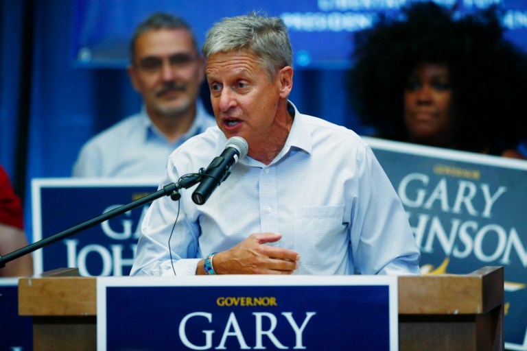 Liberal groups are increasingly worried that Libertarian presidential candidate Gary Johnson is presenting a bigger threat to Democratic candidate Hillary Clinton than to Republican opponent Donald Trump. (AP Photo/David Zalubowski)