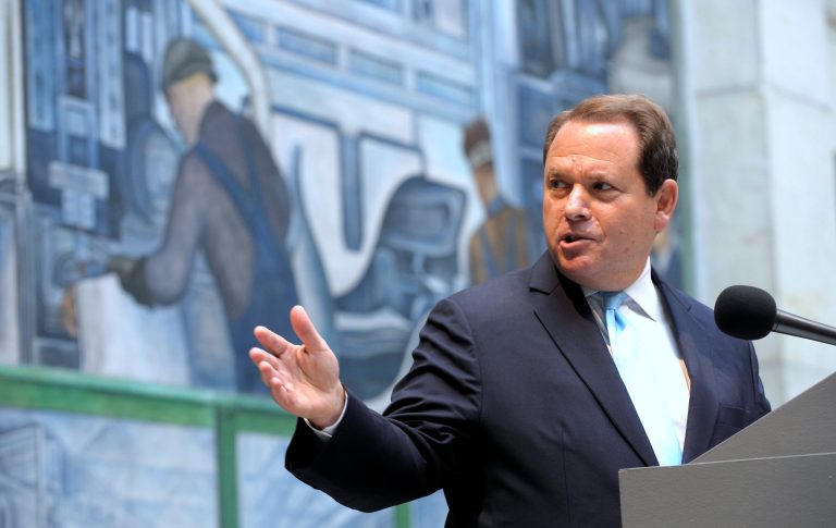 The Honorable Chief Judge Gerald E. Rosen, U.S. Eastern District Court, speaks to representatives from various Michigan corporations and individuals attending a press conference at the Detroit Institute of Arts in Detroit, Mich., Wednesday,  July 16, 2014 .  The Detroit Institute of Arts says it has pledges for about 80 percent of the $100 million it promised toward an effort involving the state of Michigan and major foundations to prevent the sale of art and soften cuts to city retirees during Detroit's bankruptcy.  (AP Photo/Detroit News, Todd McInturf)  DETROIT FREE PRESS OUT; HUFFINGTON POST OUT