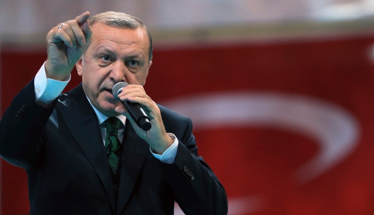 The Turkish leader is behaving very strange. (Murat Cetinmuhurdar/Pool Photo via AP)