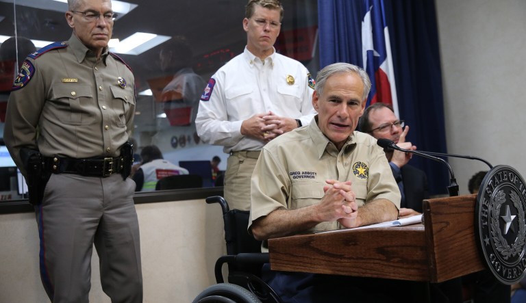 Texas Governor Greg Abbott gives a briefing at the State of Texas Emergency Command Center at Department of Public Safety headquarters in Austin, Texas as they monitor Hurricane Harvey Saturday morning, Aug. 26, 2017. (Ralph Barrera/Austin American-Statesman via AP)