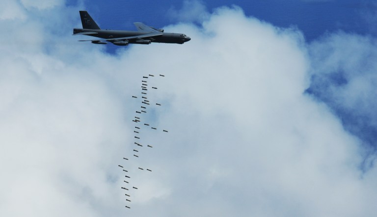 Thursday's strikes on training camps in the rugged mountains of Afghanistan's border region were carried out by a U.S. B-52 long-range heavy bomber, which used precision weapons to take out three separate camps. (U.S. Air Force photo)