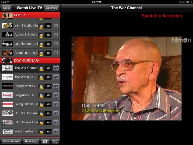 In this screenshot made Wednesday, June 25, 2014 shows The War Channel as viewed on FilmOn's ipad app. FilmOn offers over-the-air TV channels through a website and mobile apps. (AP Photo/FilmOn)