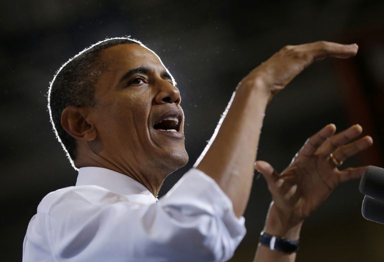 FILE - In this Sept. 26, 2012, file photo President Barack Obama campaigns at Bowling Green State University in Bowling Green, Ohio. (AP Photo/Pablo Martinez Monsivais, File)