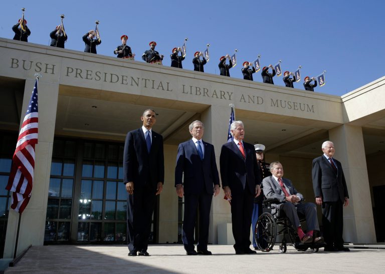 FOR USE AS DESIRED, YEAR END PHOTOS - FILE - From left, President Barack Obama, former president George W. Bush, former president William J. Clinton former President George H.W. Bush and former president Jimmy Carter arrive for the dedication of the George W. Bush Presidential Center Thursday, April 25, 2013, in Dallas. (AP Photo/David J. Phillip, File)