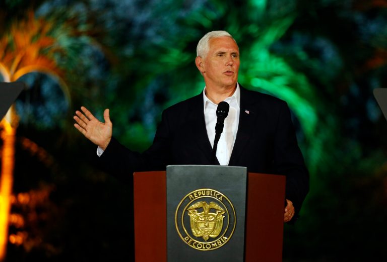 U.S. Vice President Mike Pence speaks during a joint press conference with Colombia's President Juan Manuel Santos at the presidential guesthouse in Cartagena, Colombia, Sunday, Aug. 13, 2017. Cartagena is the first stop of Pence's weeklong trip to Latin America, that will also take him to Argentina, Chile and Panama. (AP Photo/Fernando Vergara)