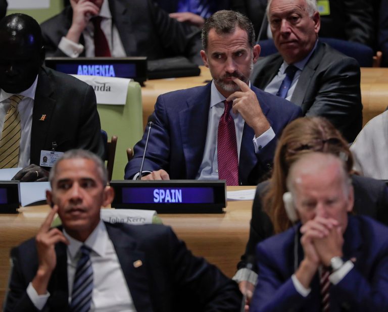 King Felipe of Spain, top center, listens to speakers at the Leader's Refugee Summit while sitting behind U.S. President Barack Obama and Vice President Joe Biden during the 71st session of the United Nations General Assembly, Tuesday, Sept. 20, 2016, at U.N. headquarters. (AP Photo/Julie Jacobson)