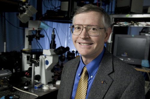 In this undated image provided by Stanford University, William E. Moerner poses in a lab at Stanford in Palo Alto, Calif.  Moerner, fellow American researcher Eric Betzig and Stefan Hell, of Germany, on Wednesday, Oct. 8, 2014, won the Nobel Prize in chemistry for finding ways to make microscopes more powerful than previously thought possible, allowing scientists to see how diseases develop inside the tiniest cells. (AP Photo/Stanford University, Linda A. Cicero)