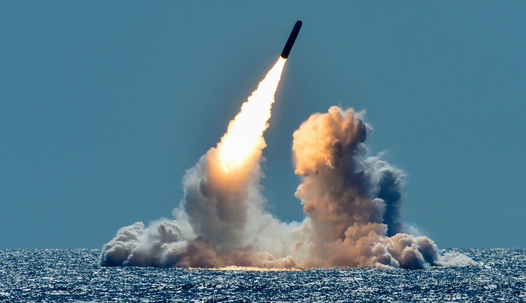 An unarmed Trident II D5 missile launches from the Ohio-class ballistic missile submarine USS Nebraska (SSBN 739) off the coast of California. The test launch was part of the U.S. Navy Strategic Systems Programâs demonstration and shakedown operation certification process. The successful launch certified the readiness of an SSBN crew and the operational performance of the submarineâs strategic weapons system before returning to operational availability. 