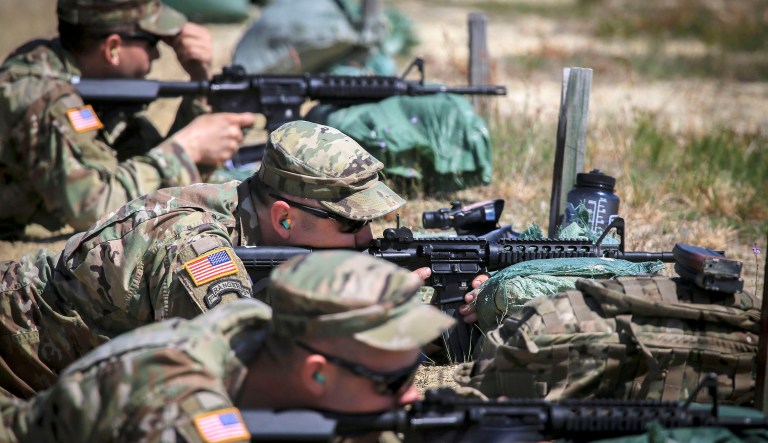 U.S. Army Soldiers fire on targets 300 meters away during Infantry Advanced Leader Course marksmanship training on Joint Base McGuire-Dix-Lakehurst, N.J., May 9, 2018. The course, which is run by the New Jersey Army National Guard's 254th Regiment, focuses on leadership and technical skills required to prepare Soldiers to effectively lead squad and platoon size units. 