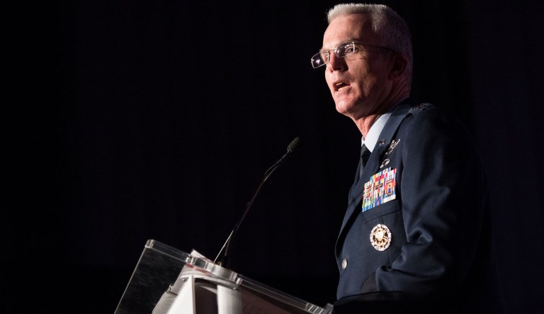 Air Force Gen. Paul J. Selva, vice chairman of the Joint Chiefs of Staff, speaks at United Through Readingâs tribute to military families, Washington, May 23, 2018. United Through Reading connects military families with their overseas loved ones. 