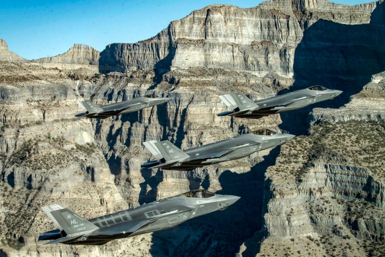 A formation of U.S. Air Force F-35 Lightning IIs assigned to the 388th and 419th Fighter Wings stationed at Hill Air Force Base perform aerial maneuvers during as part of a combat power exercise over Utah Test and Training Range, Nov. 19, 2018. 