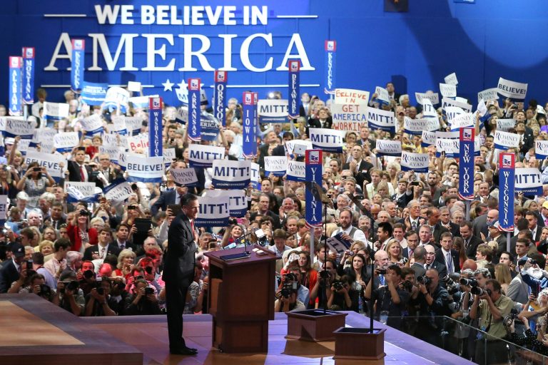 Republican presidential nominee Mitt Romney acknowledges delegates before speaking at the Republican National Convention in Tampa, Fla., on Thursday, Aug. 30, 2012. (AP Photo/Jae C. Hong)