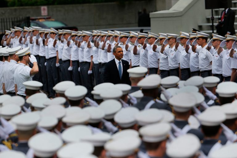 U.S. President Obama enters the stadium at West Point to give the commencement address at the graduation ceremony at the U.S. Military Academy on May 28, 2014 in West Point, New York. (Photo by Spencer Platt/Getty Images)