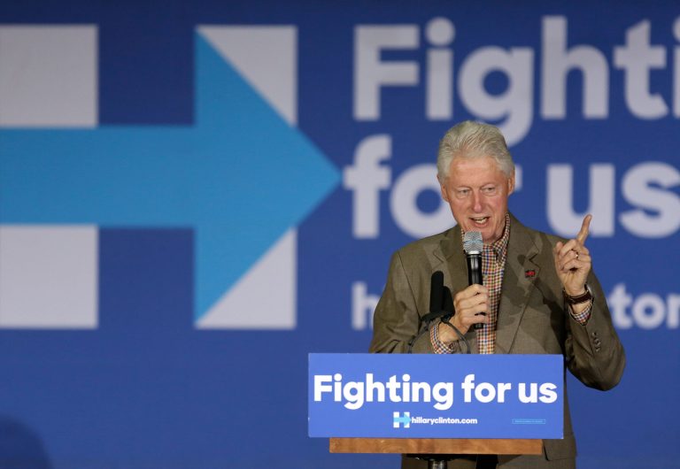Bill Clinton said his wife Hillary Clinton was instrumental in preventing the spread of nuclear weapons. (Misael Virgen/The San Diego Union-Tribune via AP)