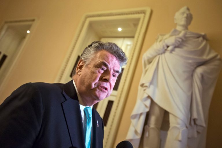 Rep. Peter King, R-N.Y., speaks to reporters after appearing before the House Rules Committee to work on an aid package to assist victims of Superstorm Sandy on Monday, Jan. 14, 2013, at the Capitol in Washington. The House is expected to vote on the bill Tuesday. (AP Photo/J. Scott Applewhite)
