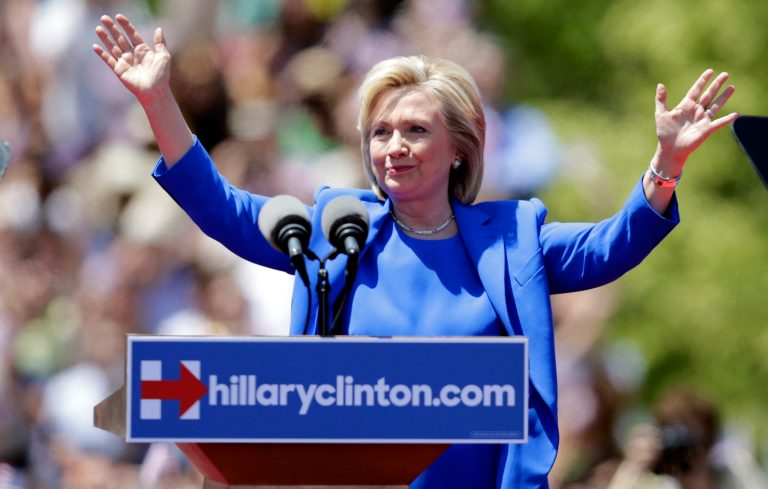 Democratic presidential candidate, former Secretary of State Hillary Rodham Clinton gestures before speaking to supporters Saturday, June 13, 2015, on Roosevelt Island in New York, in a speech promoted as her formal presidential campaign debut. (AP Photo/Frank Franklin II)