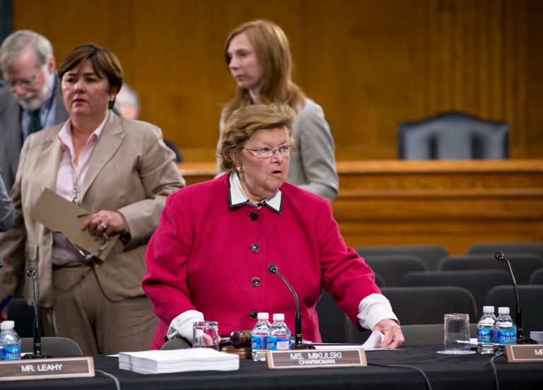 Sen. Barbara Mikulski, D-Md., chair of the Senate Appropriations Committee, arrives for the start of a markup of the fiscal year 2014 appropriations bills for State, foreign operations, financial services and general government, on Capitol Hill in Washington. (AP/J. Scott Applewhite)