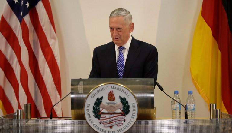 U.S. Secretary of Defense Jim Mattis delivers his speech at the commemoration of the 70th anniversary of the Marshall Plan at the George C. Marshall Center in Garmisch-Partenkirchen, Germany, Wednesday, June 28, 2017. (AP Photo/Matthias Schrader)
