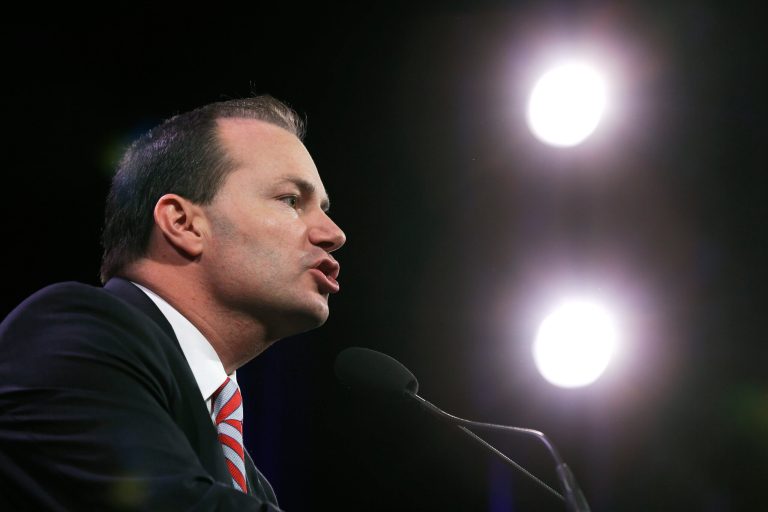 Sen. Mike Lee, R-Utah, speaks during the Freedom Summit, Saturday, Jan. 24, 2015, in Des Moines, Iowa. (AP Photo/Charlie Neibergall)