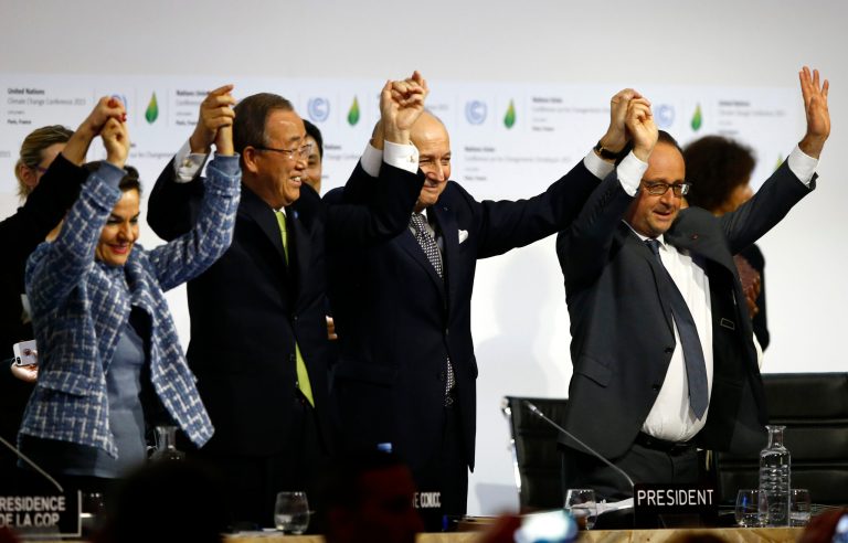 This photo shows French President Francois Hollande, right, French Foreign Minister and president of the COP21 Laurent Fabius, second, right, U.N. climate chief Christiana Figueres and U.N. Secretary General Ban ki-Moon. (AP Photo)