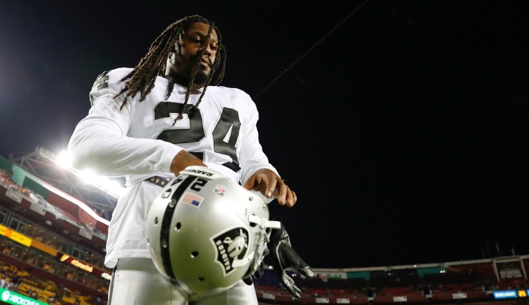 President Trump criticized Oakland Raiders running back Marshawn Lynch for sitting during the U.S. national anthem, but standing for the Mexican anthem. Lynch has not stood during the U.S. anthem's playing at the NFL games since he came out of retirement earlier this season. (AP Photo/Alex Brandon, File)