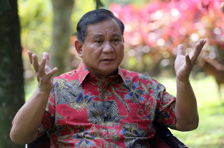Indonesian presidential candidate Prabowo Subianto gestures during an interview in Bogor, West Java, Indonesia, Friday, July 18, 2014. Subianto alleged there had 