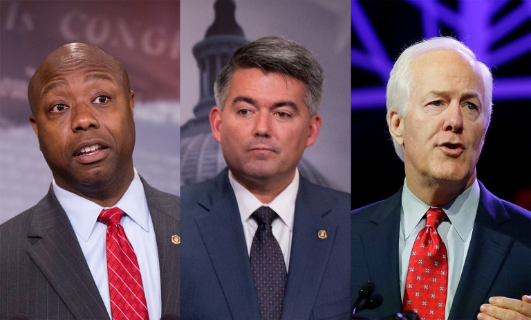 Sen. John Cornyn, right, along with Sens. Tim Scott and Cory Gardner, introduced a bill Thursday seeking to revoke Hillary Clinton's security clearance. (AP Photo/Manuel Balce Ceneta)